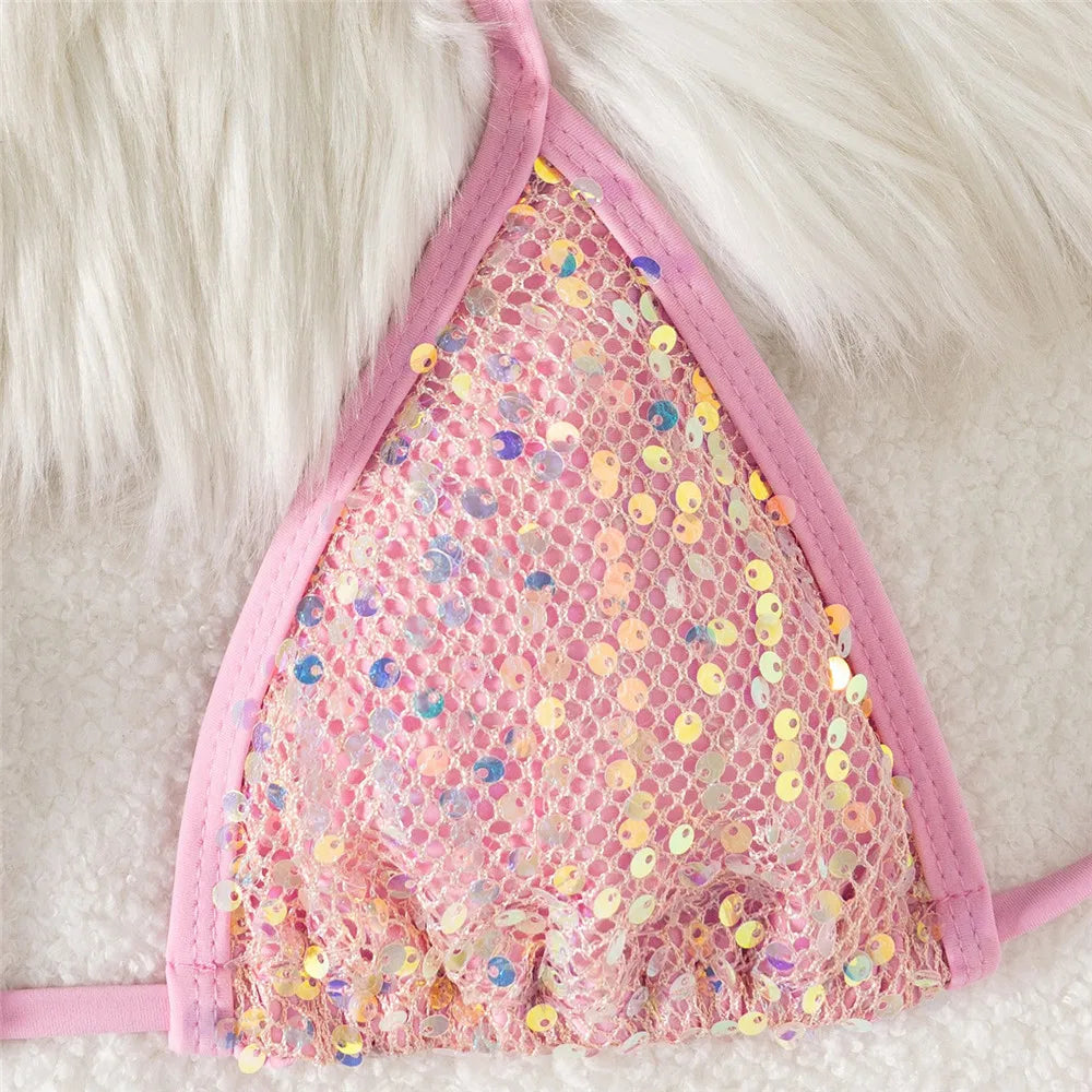 Pink Mesh Sequin Halter String Triangle Bikini Damen Micro Thong Sexy Swimsuit Women 2026 Bathing Suits Swimwear Bikinis Sets