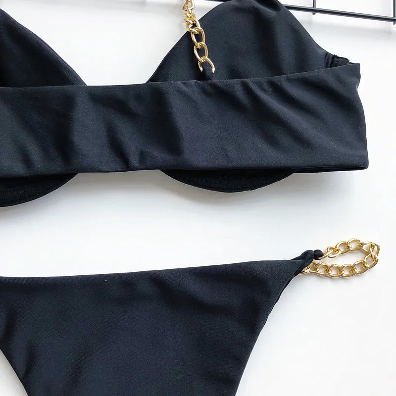 Sexy Metal Chains String High Cut One Piece Swimsuit Women Swimwear Female Monokini Tummy Cut Out Bathing Suit Swim Beach Wear