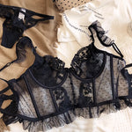 French Sexy Lingerie Set Women Ultra Thin See Through Embroidery Lace Bra & Thong Push Up Underwear Shaping Camisole Set MOYISU