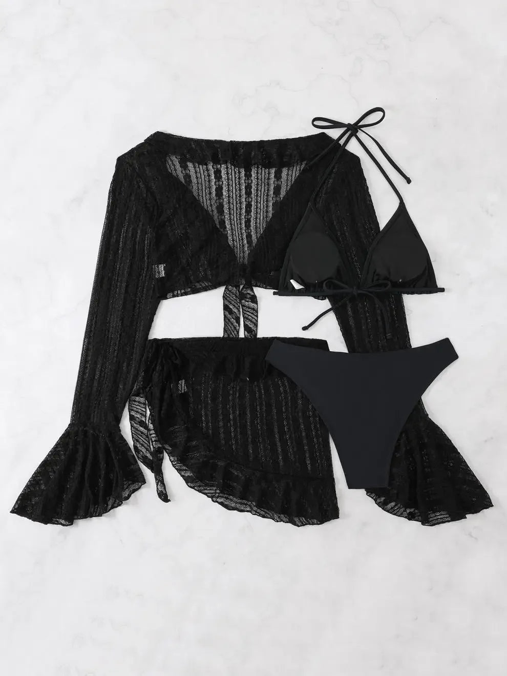 Vintage Swimwear Women Long Sleeve Ruffles Cover Up Skirt 4 Piece Bikini Set 2025 Push Up Beach Bathing Suit High Waist Swimsuit