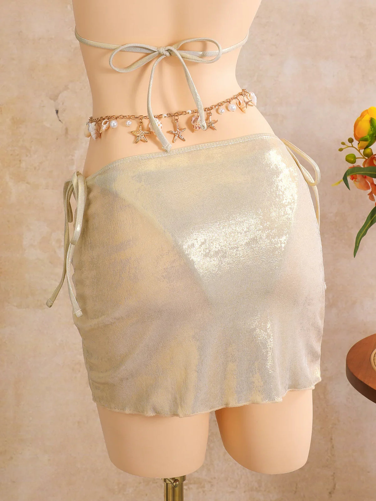 Sexy Beige 3D Flowers Embroidered Bikini Set 2026 Women Drawstring Cover Up 3 Piece Swimsuit Beach Bathing Suit Holiday Swimwear