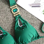 Sexy Rhinestones Thong Bikini Women Green Push Up Glitter Diamond Band 3 Piece Swimsuit Chain Metal Bathing Suit Luxury Swimwear