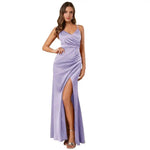 Women's Spaghetti Strap Satin Slit Dress Ruched V Neck Sleeveless Prom Dress Mermaid Bridesmaid Dress for Formal Evening Gown