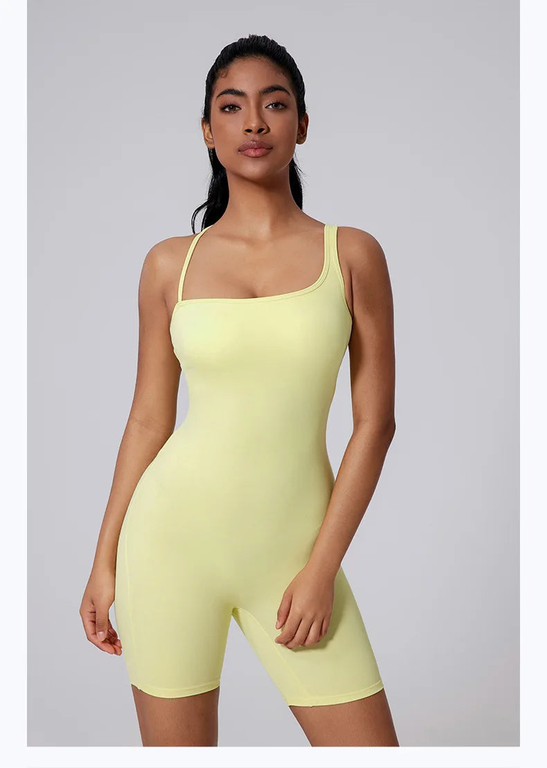 Sexy Fitness Yoga Jumpsuit Women Sleeveless Slim Playsuit Pleated Hollow Running Scrunch Shorts Romper One Piece Sports Suit