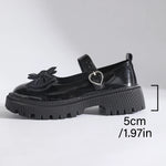 Women Bow Mary Janes Faux Patent Leather Heart‑Buckle Lug‑Sole Round‑Toe Sweet Preppy JK Platform Casual Daily Shoes