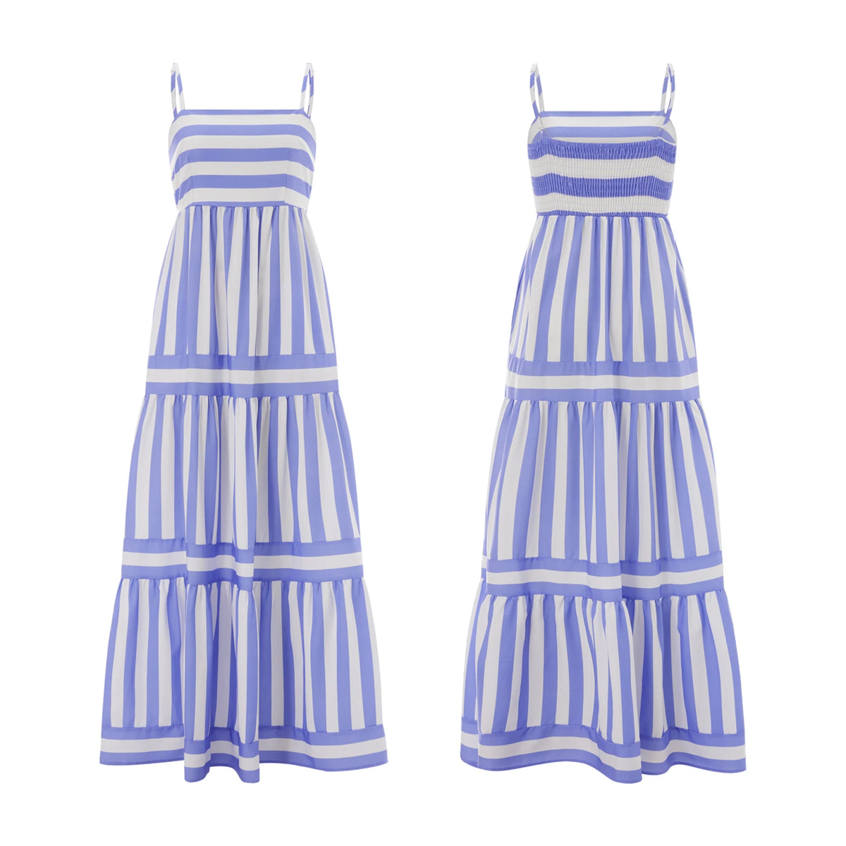 Women's Striped Print Dress Sleeveless Spaghetti Strap Square Neck Tiered Long Dress for Holiday Casual Boho Sundress