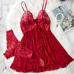 Elegant Transparent Red Lingerie Women's Underwear Sleepwear Lace Nightdress Panty Pijamas Sets Female Babydoll