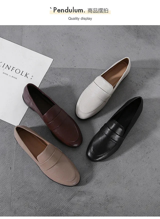 Retro British Style Women Leather Shoes Autumn Flat Casual Loafers Fashion Slip on Round Toe Office Work Shoes Zapatillas Mujer