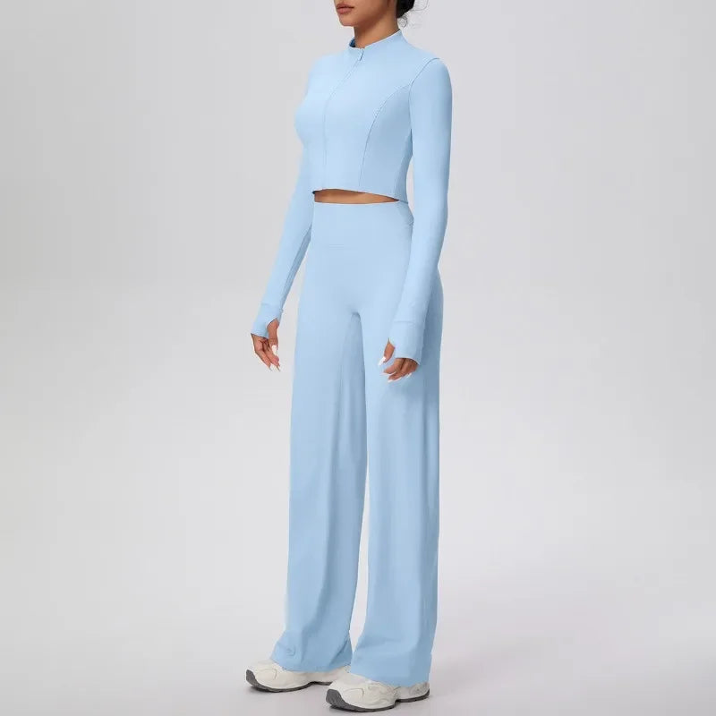 2 Pcs Women's Seamless Yoga Set Long-sleeved Wide-leg Pants Tracksuit Fitness Sports Set High-waisted Hip-lifting Slim-fit Suit