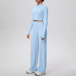 2 Pcs Women's Seamless Yoga Set Long-sleeved Wide-leg Pants Tracksuit Fitness Sports Set High-waisted Hip-lifting Slim-fit Suit