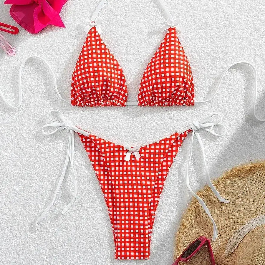 DEKA Brazilian Red Plaid Bikini Set Women Cut Out Swimsuit Print Swimwear High Waist Triangle Micro Two Piece Suit Biuqini Beach