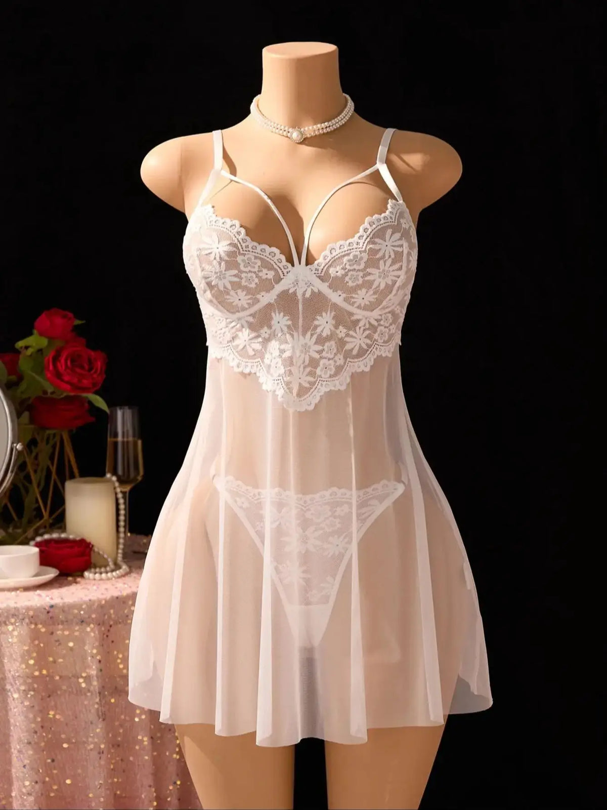 Pure white wedding-style lace net gauze nightgown set-French deep V cross straps sheer sexy pajama thong set for women ZA825096