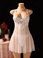 White Daisy Floral Lace Sheer Mesh Babydoll Lingerie Set Slip Nightdress With Matching Thong Women Sexy Sleepwear ZA825096