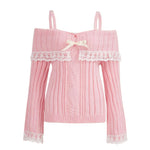 Women Long Sleeve Contrast Lace Knit Pullovers Autumn Winter Cold Shoulder Sweaters Bow Front Jumper Tops Beige/Pink