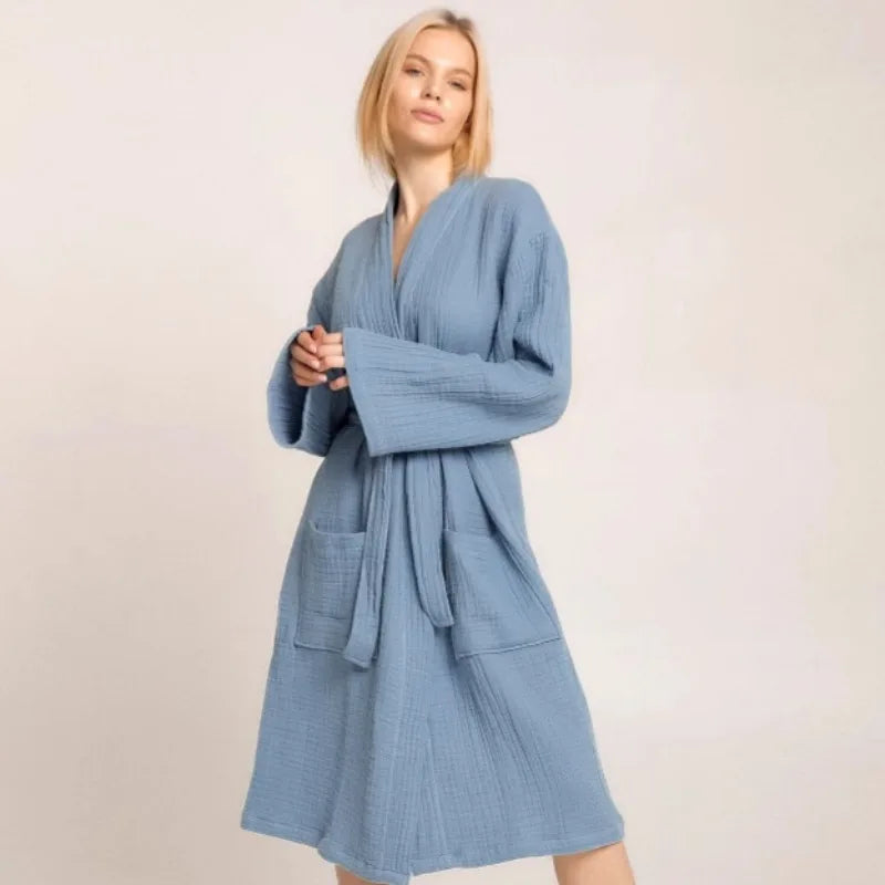New Autumn Long Sleeve Crepe Cotton Loose Nightgown Comfortable Home Hotel Bathrobe Loungewear European American Style 2026