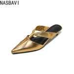 2026 Summer New Brand Women Slipper Fashion Pointed Toe Slip On Slides Low Heel Ladies Elegant Mules Sandals Top qualityGold