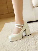 Women Silver Metallic Platform Mary Jane Shoes Double Rhinestone Buckle Chunky Block High Heels Y2K Vintage Square Toe Pumps