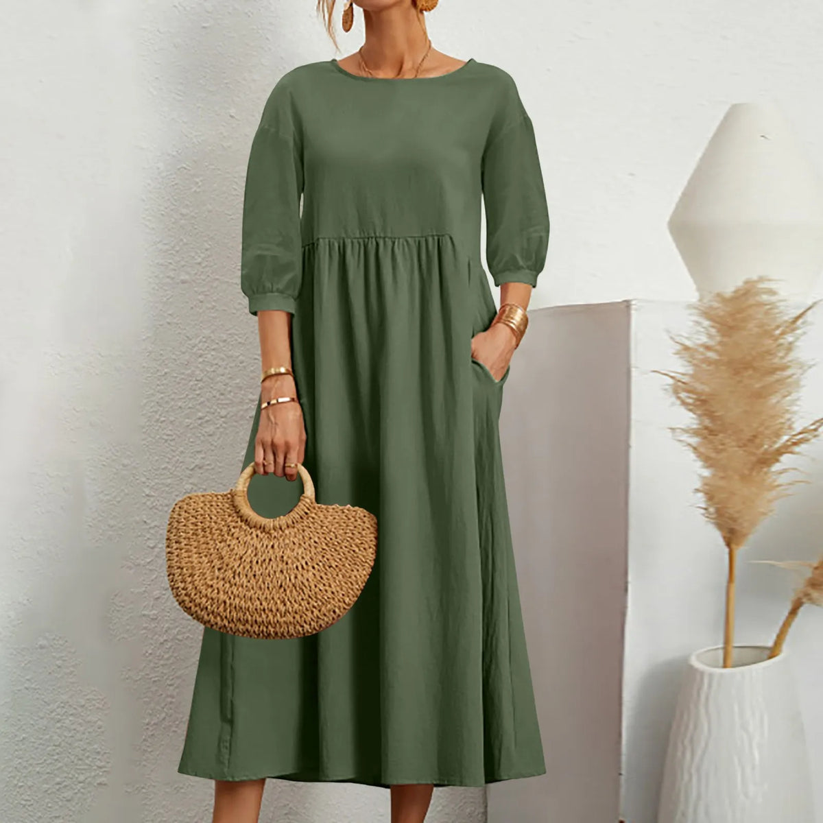 Womens Casual Summer Cotton Dress With Pockets 3/4 Sleeve Loose Midi Shirt Dress Women Dresses With Short Sleeves Vestidos