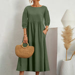 Womens Casual Summer Cotton Dress With Pockets 3/4 Sleeve Loose Midi Shirt Dress Women Dresses With Short Sleeves Vestidos