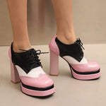Bright Patent Leather Patchwork White PU Lace Up High Heels with Breathable Lining, Wavy and Serrated Patterns, Sweet Pumps