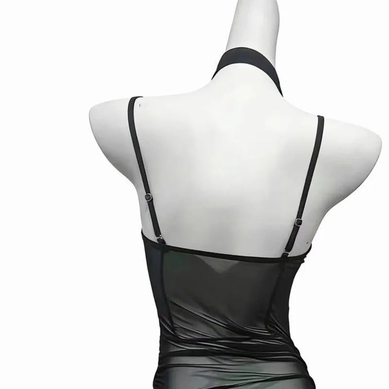 Sexy Transparent Dress Backless Deep V Suspenders Sleeveless Hanging Neck Flower Dress Mesh Pure Desire Casual Style Dress QFZO