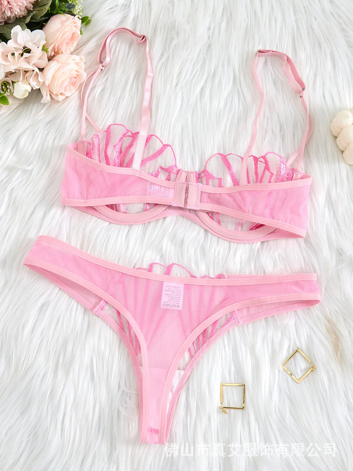 2pcs Women's Bra Set Sexy Lace Mesh Lingerie Set Ultra Thin Breathable Comfortable Lightweight Scallop Transparent Lingerie Set