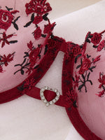 Romantic wine red rose embroidery lingerie set - see-through netting bra - casual erotic women's lingerie ZA824026