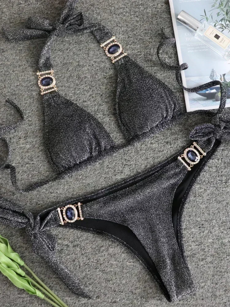 Halter Crystal Rhinestone Diamond Bikini 2026 Female Swimsuit Women Swimwear Two Pieces Bikini set Brazilian Bathing Suit Swim