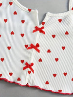 Summer Women Sleepwear Pajamas Sets Love Print Bow Dipped Crop Tops and Shorts Set Casual Loungewear Home Clothes