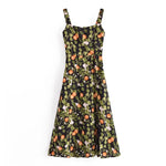 French Style Vintage Lemon Leaf Printed Green Dress Sexy Slip Midi Sleeveless Tank Dress Chiffon Women Holiday Elegant Dress