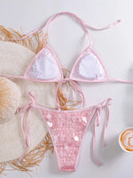Sexy Sequin Pink Bikini Set 2026 Women Mesh Front Tie Push Up Bra Triangle Swimsuit Beach Bathing Suit Micro Swimwear Biquini