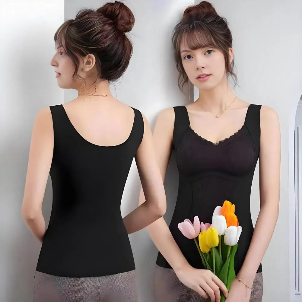 Warm Camisole Undershirts Sleeveless Thermal Tank Top for Women Fleece Lined Lace V Neck Base Layer with Built in Bra