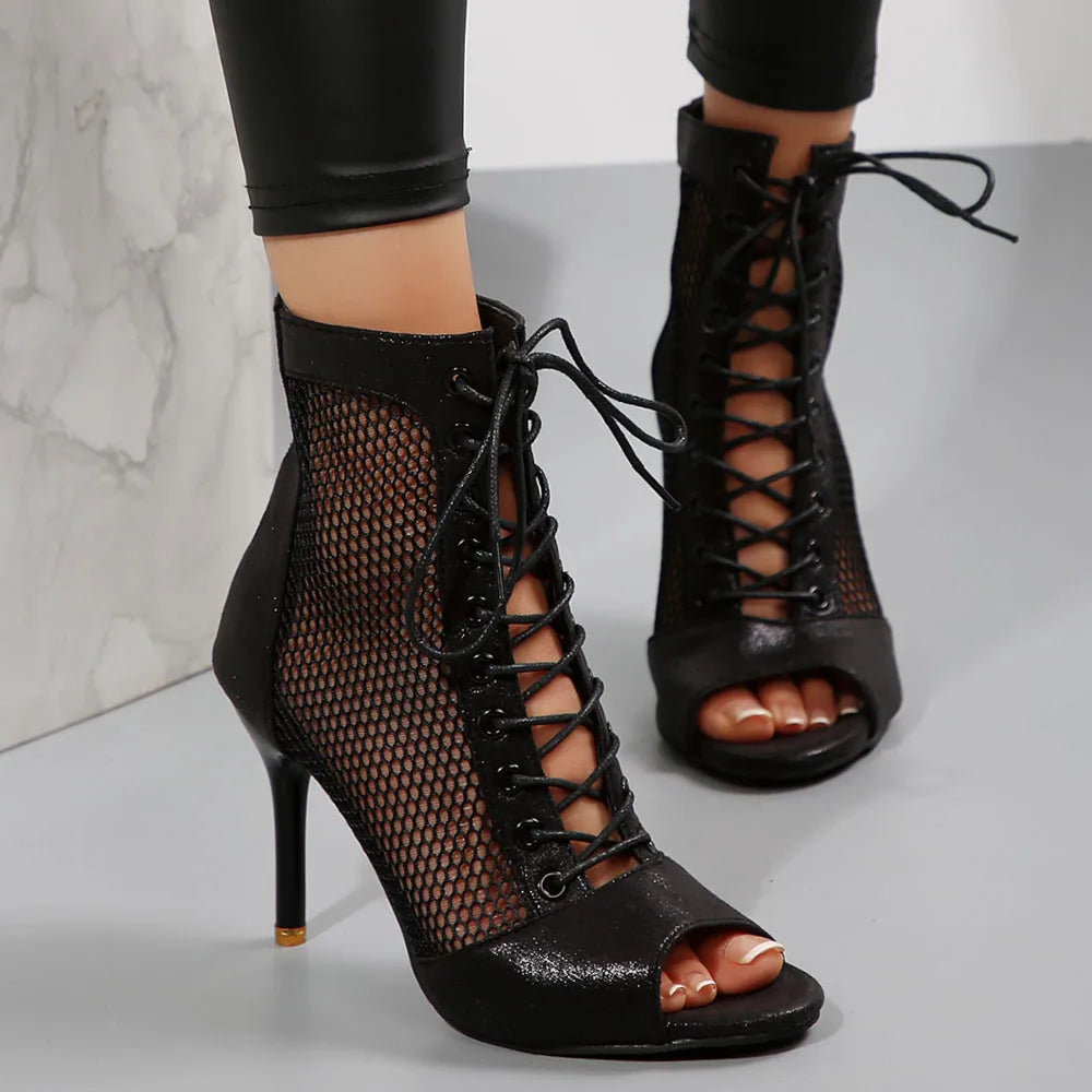 EUR Size 43 Sexy High Heels Dance Shoes Black Lace-up Thin Heeled Stiletto Ankle Boots Silver Peep Toe Summer Boots Party Shoes