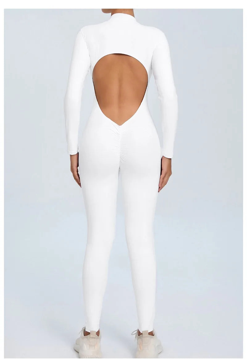Women's Seamless Yoga Bodysuit Long Sleeve Zipper & Back Cutout Naked Feeling Quick-Dry Running Fitness Workout Jumpsuit