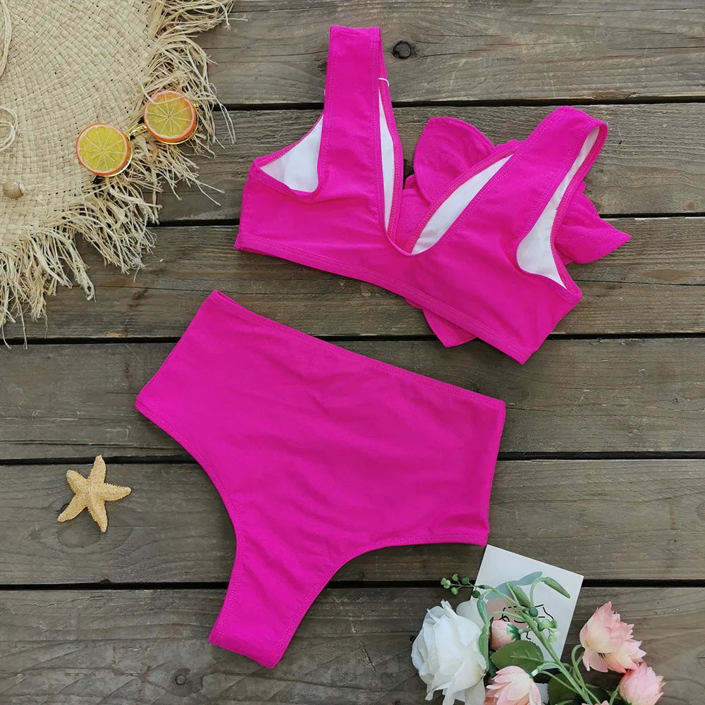 2024 Sexy Sling Ruffle Solid Two Pieces Bikini Women High Waist 3D Flower Swimsuit Skirt Summer Backless Beachwear Bathing Suit
