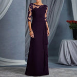 Women Elegant Lace Long Dress Sexy See Through Round Neck Mid Sleeve Dress Solid Color Evening Party Prom Dress Cocktail Gown