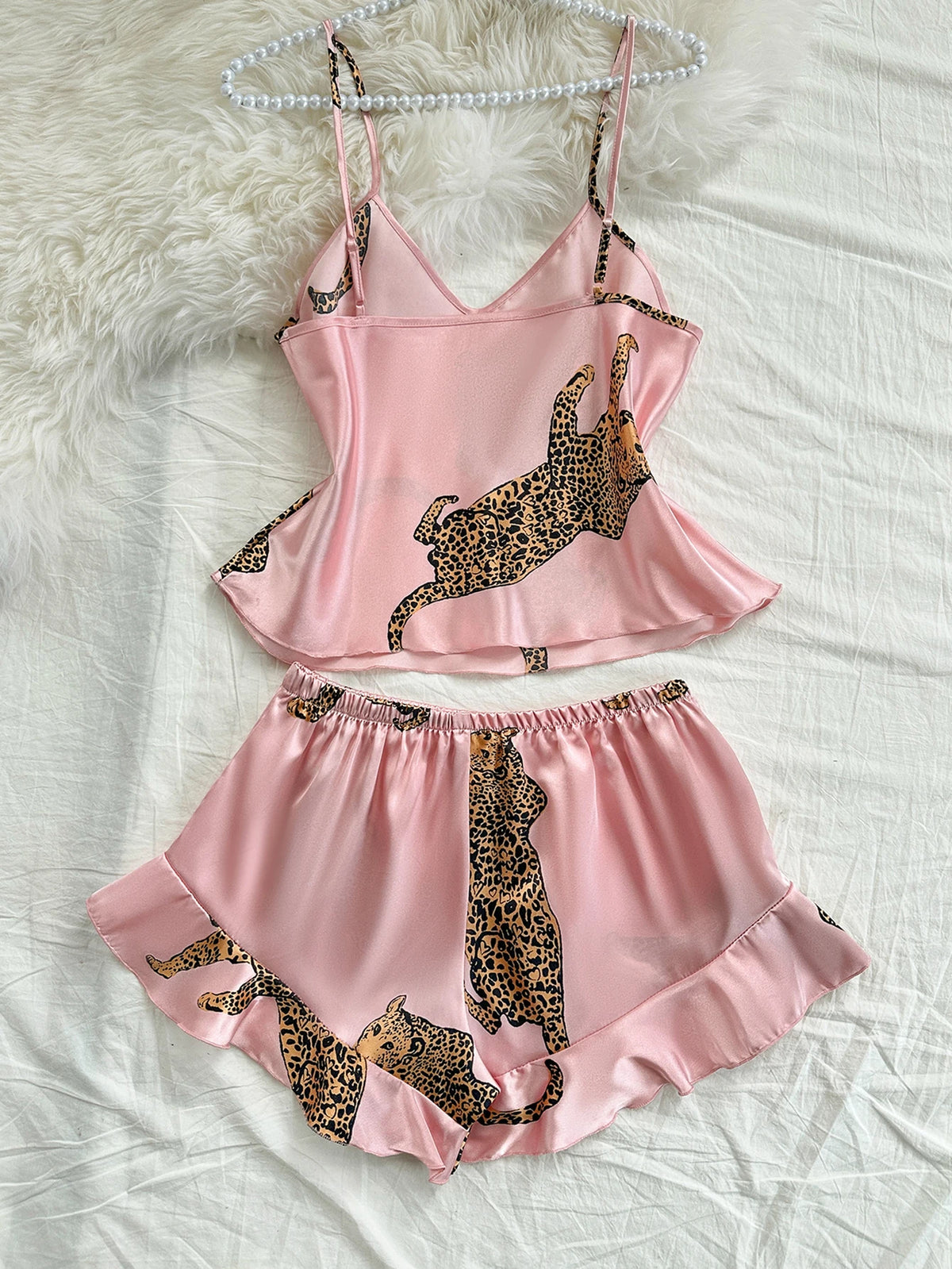 Summer 2-piece Leopard Printed Pajama Set for Women Sexy Ice Silk Stain Casual Crop Tops and Shorts Sleepwear Lounge