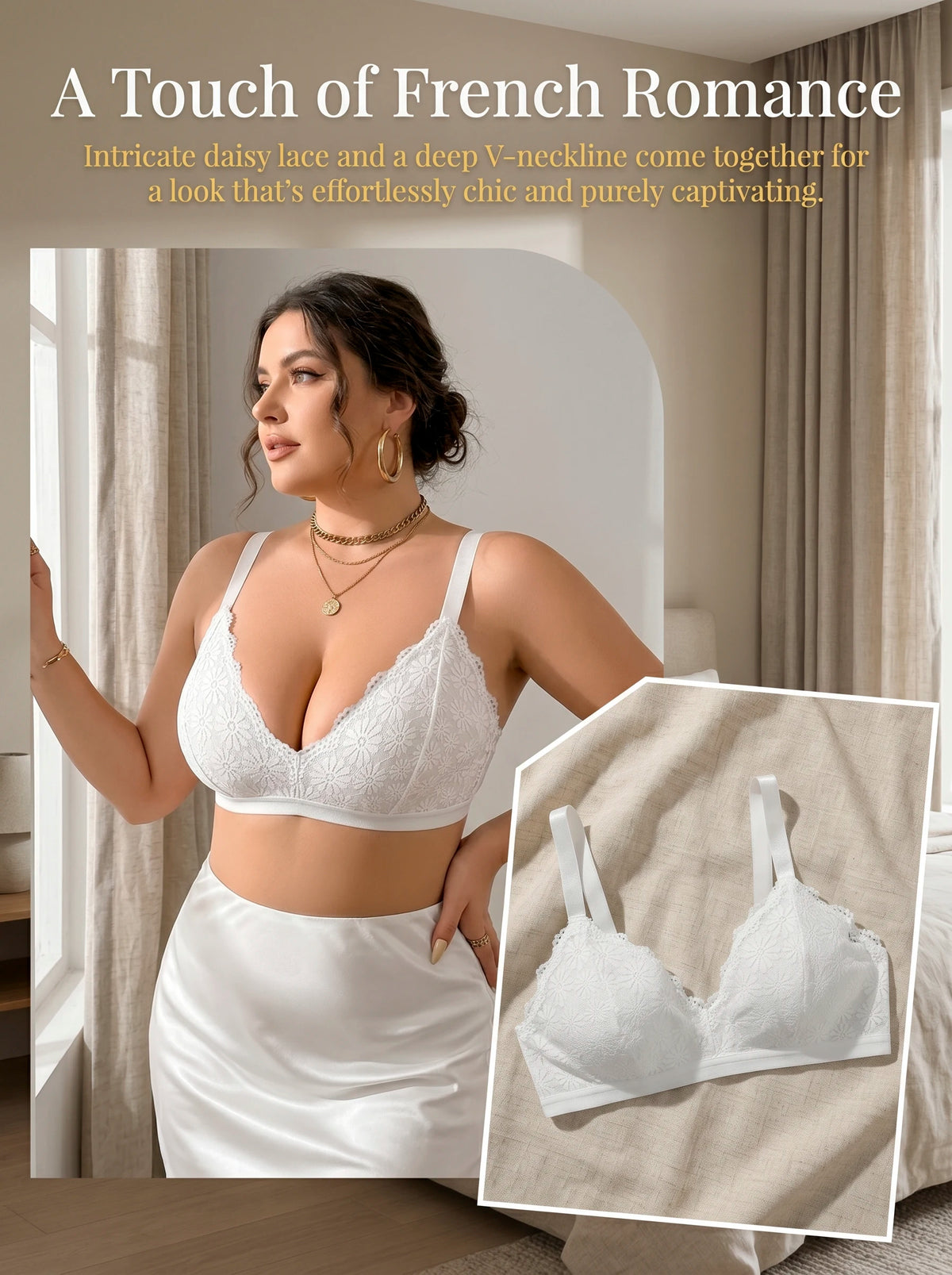 Plus Size Wireless Bra White Double Layered Lace Bralette Women Breathable Soft Full Coverage Comfort Everyday Lingerie MR3083