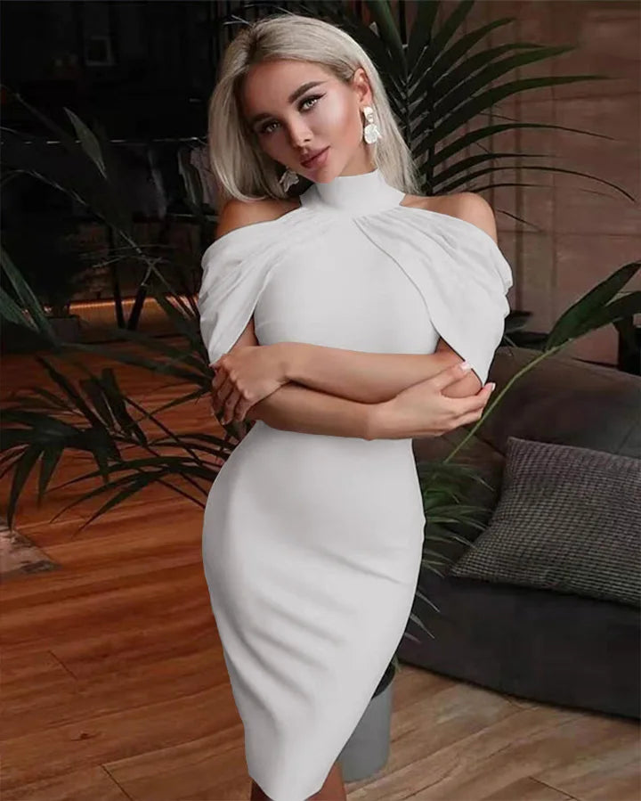 2024 New Solid Color Slim Midi Dresses Women Halter Neck Off Shoulder Package Hip Bodycon Elegant Temperament Ladies Party Dress