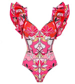 Sexy Ruffle Shoulder Swimsuit V-Neck Swimwear Women Backless Push Up Bathing SuitBeach Wear 2024 Female Swimming Suit