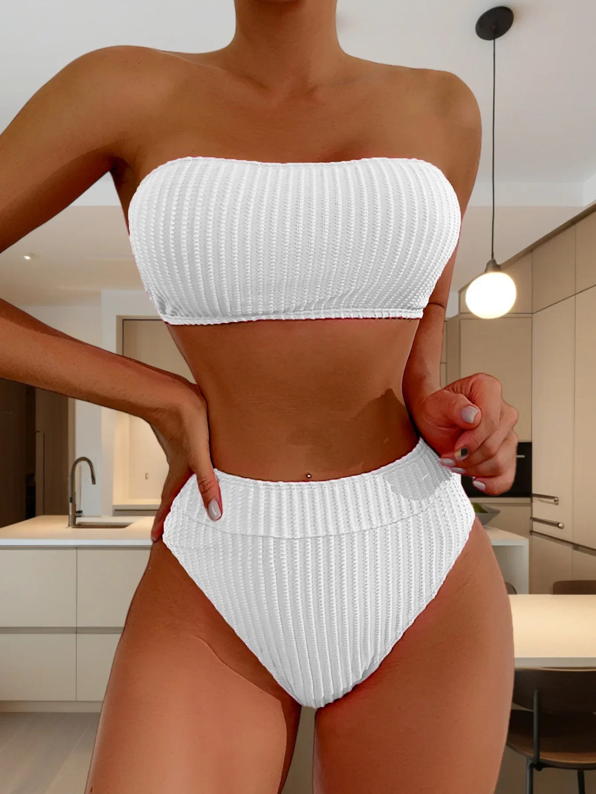 Sexy Bandeau Bikini Set 2025 Mujer Women White Black Ribbed Push Up Micro Swimsuit Summer Bathing Suit Beach High Waist Swimwear