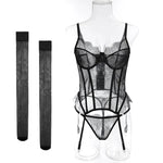 Toucheart Erotic Lingerie Set Women Romantic Tight Fishbone Bra Heavy Industry Lacemesh Hollow Splicing Garter Belt Andstockings