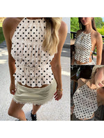 Women's Fashion Slim Fit Halter Tops Spring Summer Stylish Dot Print Ruffled Trim Backless Sleeveless Vest