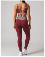 Summer Color-block Yoga Sets Women Thin Strap Open Back Shockproof Sports Bra Tight High Waist Leggings Training Fitness Suits