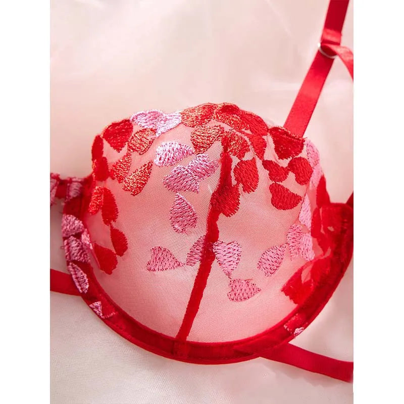 Romantic Honeymoon Lingerie for Women Red Mesh Heart Embroidery Sexy Transparent Underwear Half Cup Underwire Bra&Panty Set