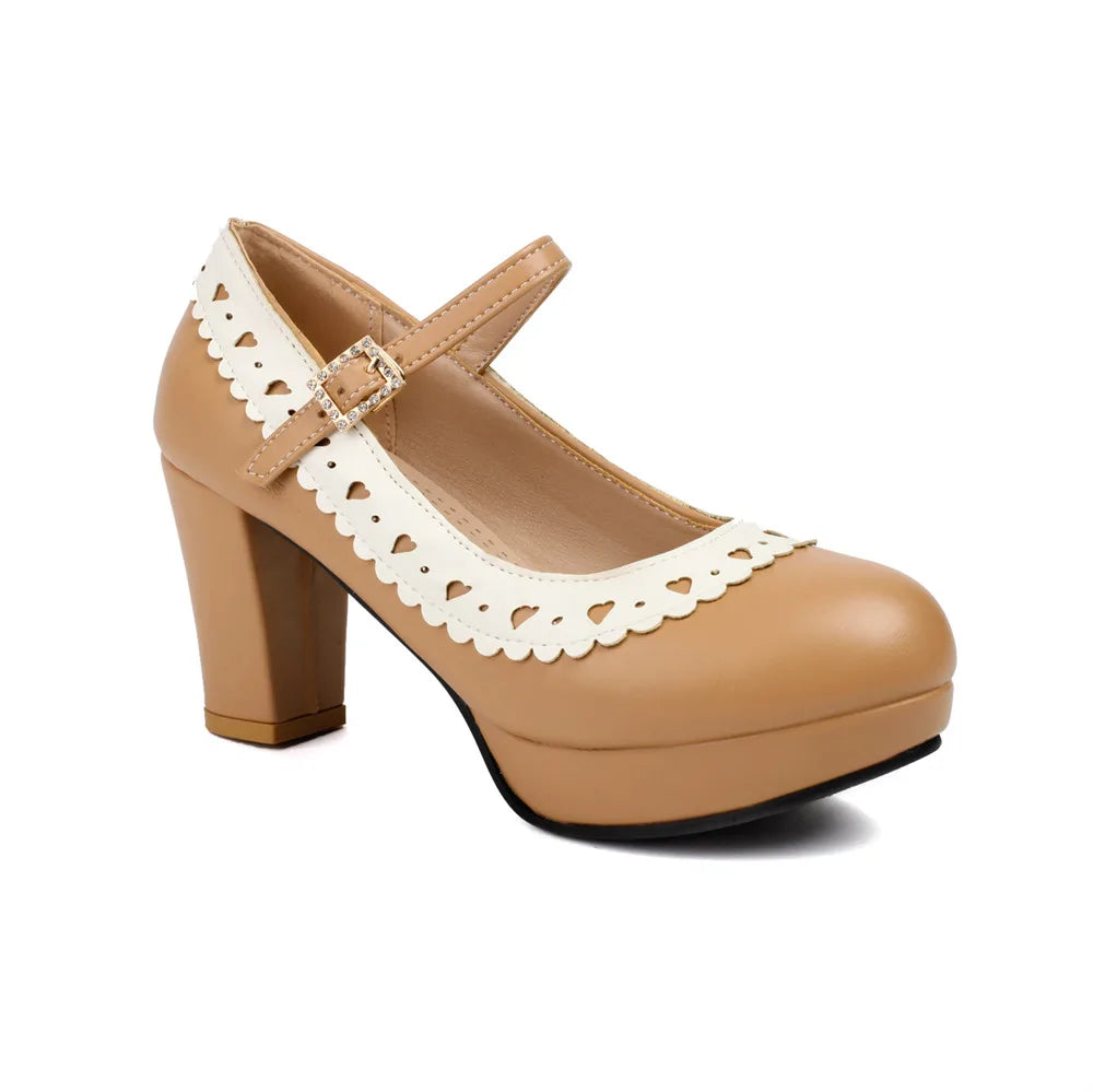 Plus Size 45 Sweet Mary Janes Shoes Women Cute Blue Block High Heels Lolita Pumps Lovely Pink Heart Edge Platform High-heeled
