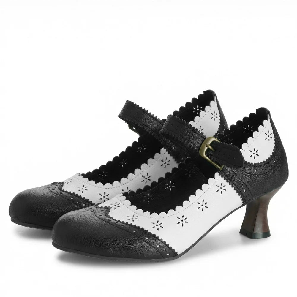 2026 Plus Size 50 Vintage Brown 6cm Kitten Heels Mary Janes Pumps Retro Daily Wear Summer Office Lady Brogue Shoes Women