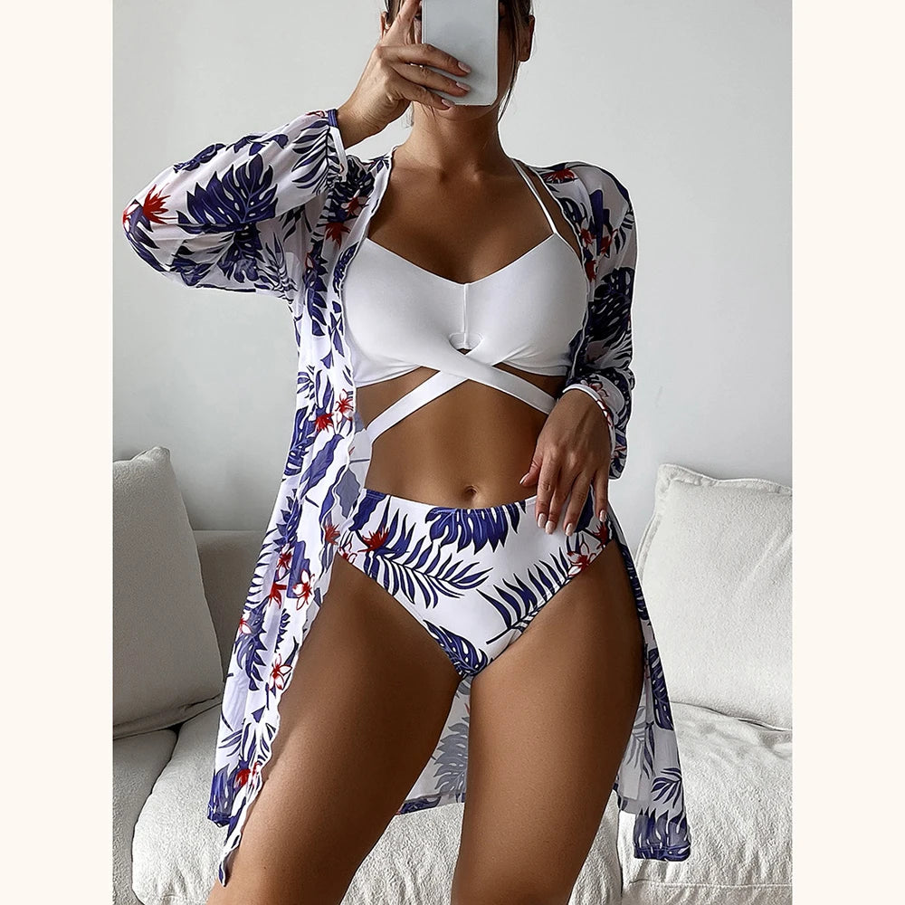 2025 Three Pieces Bikini Set Cover Up Swimwear Women Swimsuit Print Long Sleeve Push Up Bathing Suit Beachwear Swimming Biquini