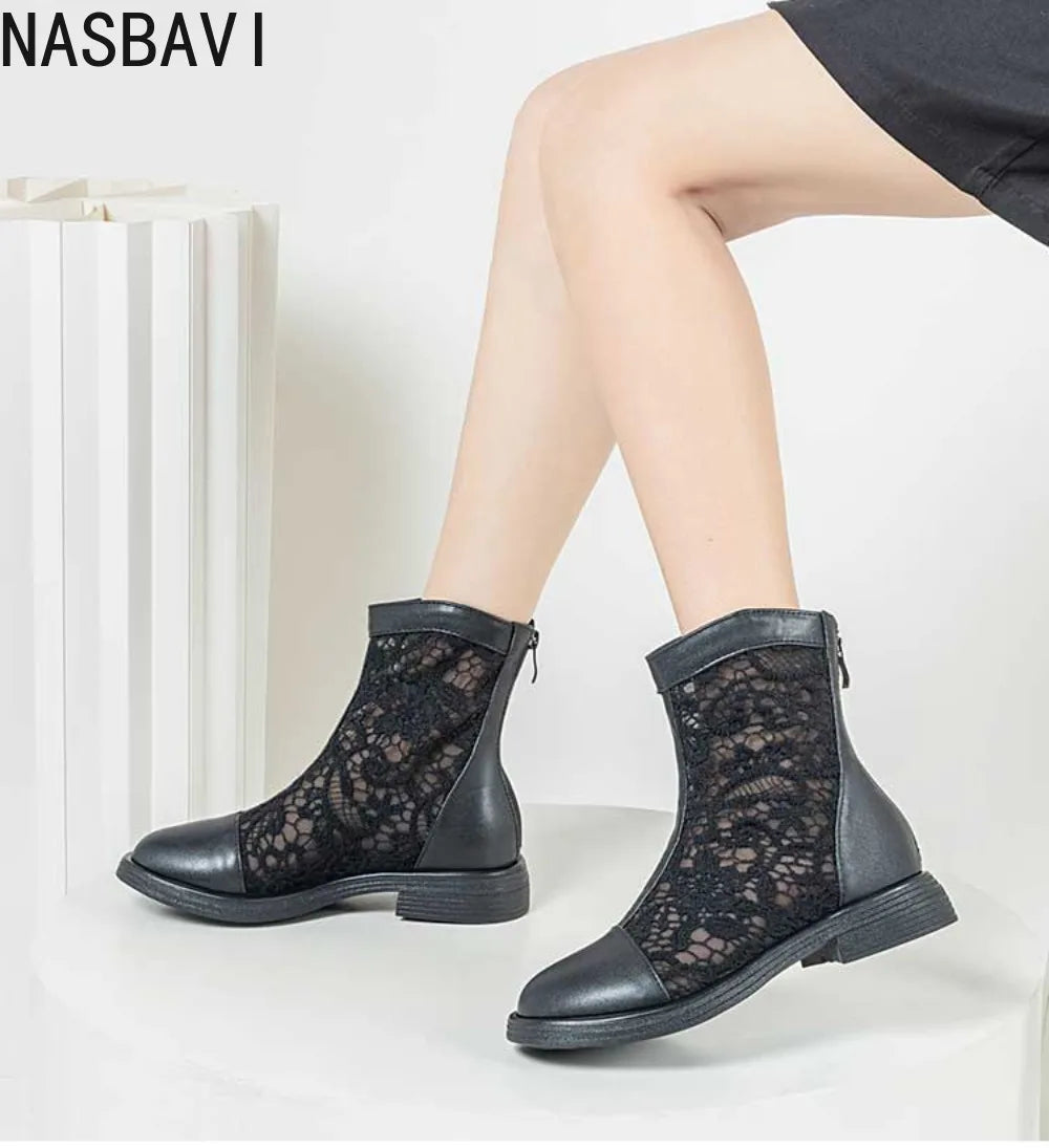 Women White Gladiator Ankle Boots Round Toe Square HeelBreathable Mesh Large Size 34-45 Sweet Princess Cool Sandals Boots New