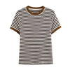 Women's Striped Short Sleeve T-Shirt Vintage Brown And White Stripe Trim For Women Soft Fabric Neck Ribbed Style For Casual DUQ5